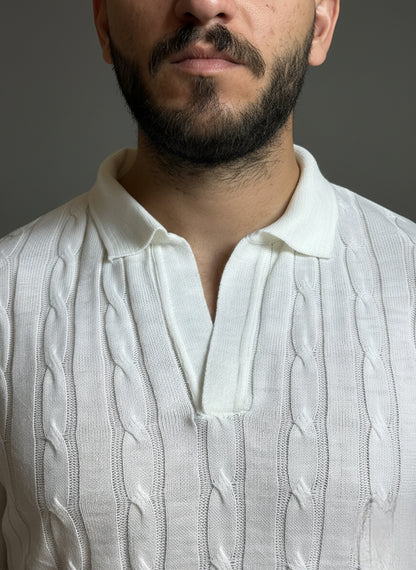 White Cable-Knit Polo Shirt