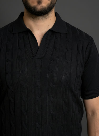 Black Cable-Knit Polo Shirt