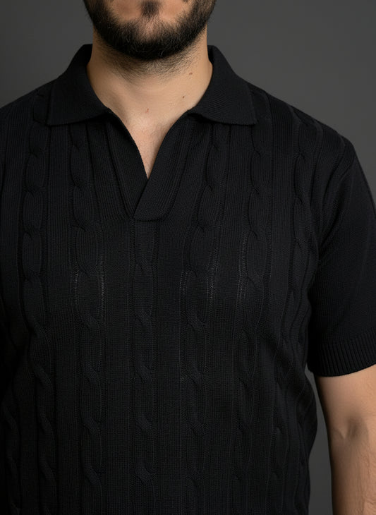 Black Cable-Knit Polo Shirt