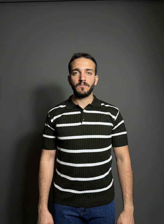 Dark Green & White Striped Polo Shirt