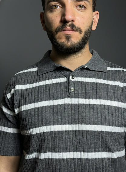 Grey & White Striped Polo Shirt