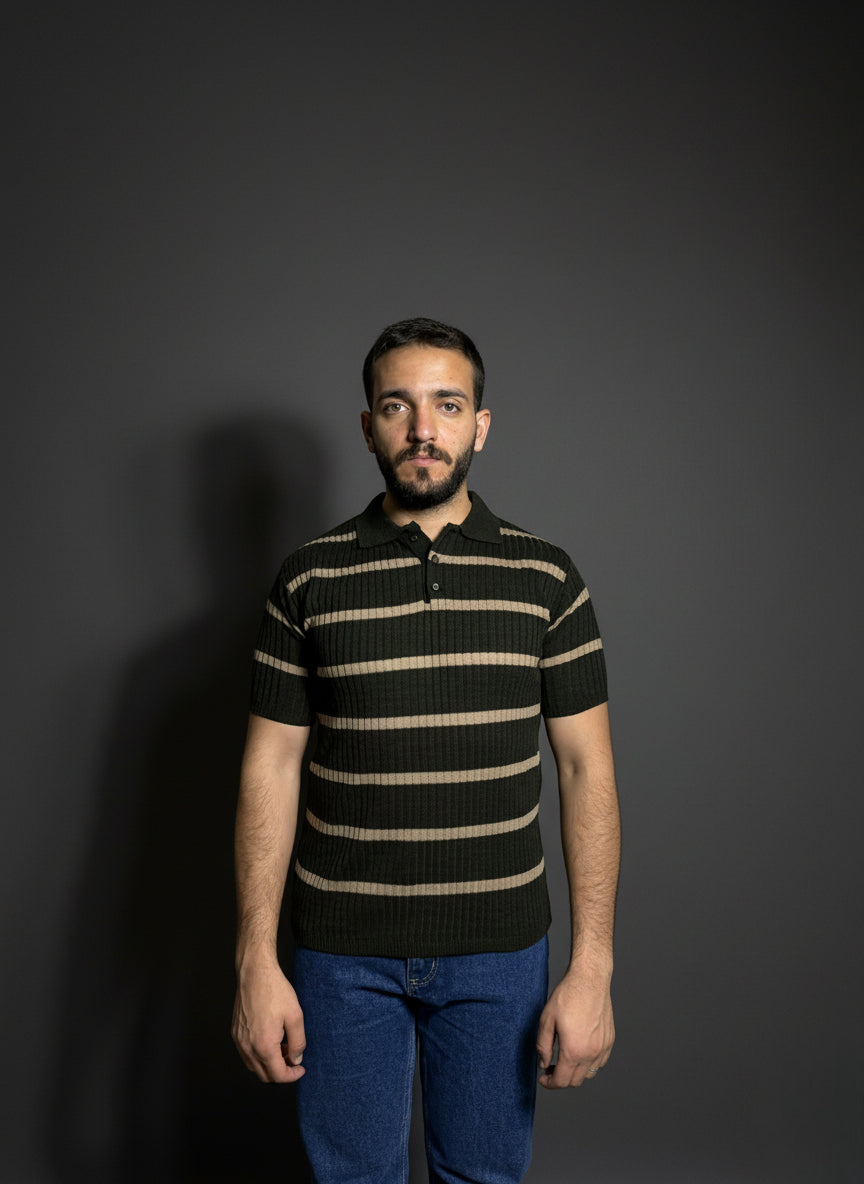 Dark Green & beige Striped Polo Shirt
