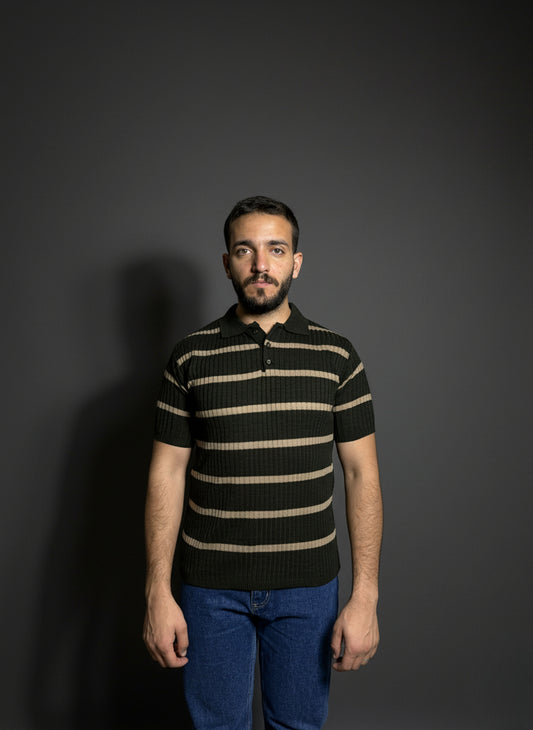 Dark Green & beige Striped Polo Shirt