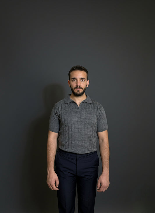 Charcoal Cable-Knit Polo Shirt