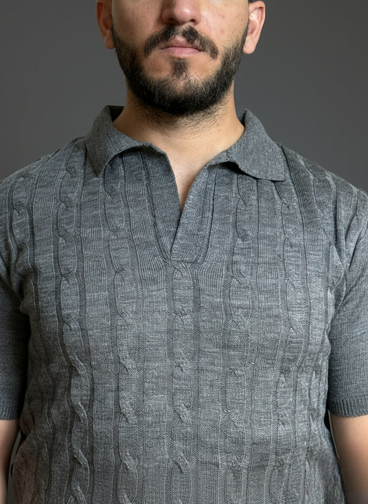 Charcoal Cable-Knit Polo Shirt