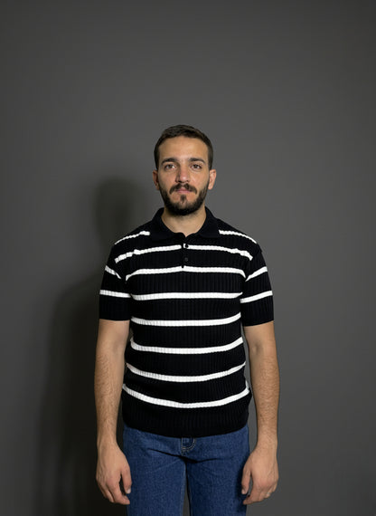Navy & White Striped Polo Shirt