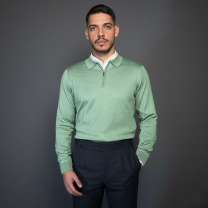 Pistachio Green Cotton Zipper Sweater Slim Fit