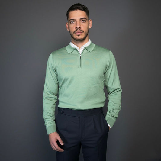 Pistachio Green Cotton Zipper Sweater Slim Fit