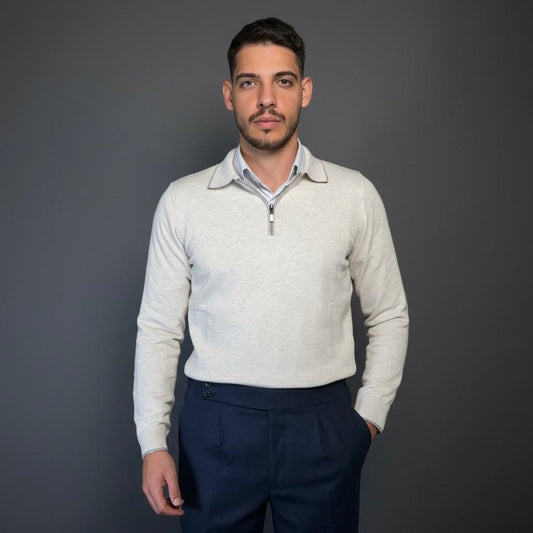 Light Grey Cotton Zipper Sweater Slim Fit