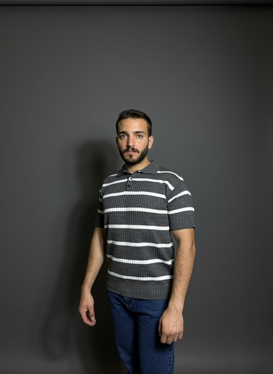 Grey & White Striped Polo Shirt