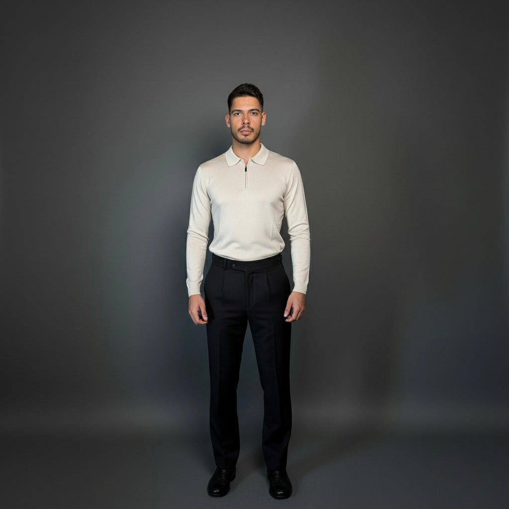 Beige Cotton Zipper Sweater Slim Fit