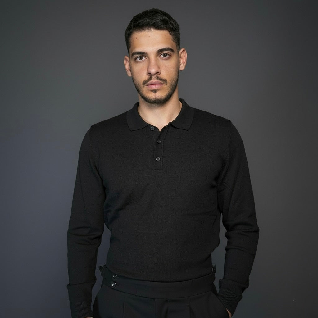 Black Cotton Polo Sweater Slim Fit