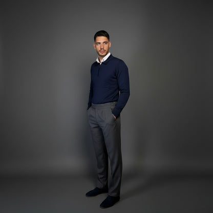 Navy Blue Cotton Zipper Sweater Slim Fit