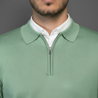 Pistachio Green Cotton Zipper Sweater Slim Fit