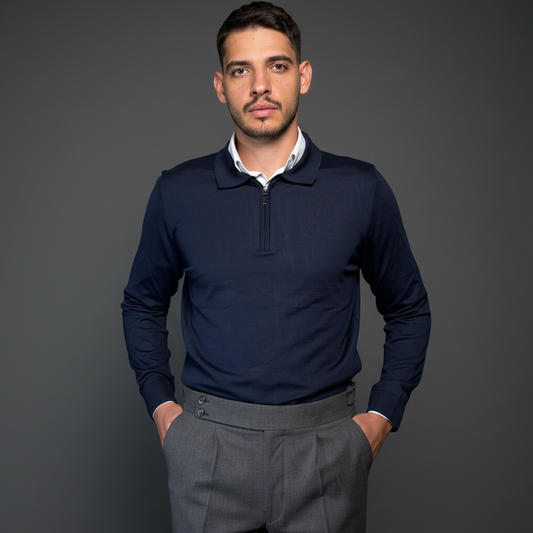 Navy Blue Cotton Zipper Sweater Slim Fit
